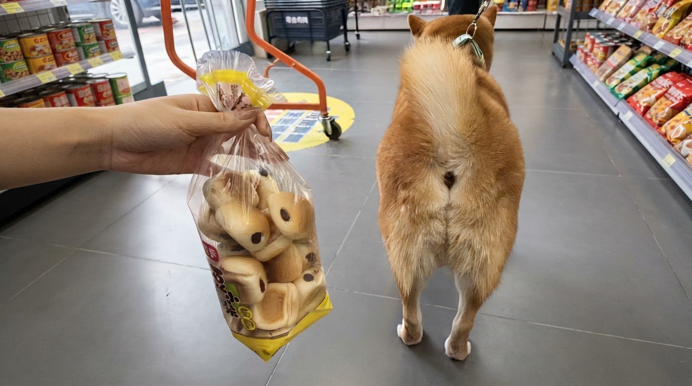 Shiba Inu and dog-shaped snacks in the supermarket