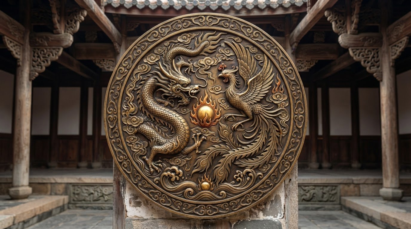 Chinese Dragon and Phoenix Decorative Relief Panel