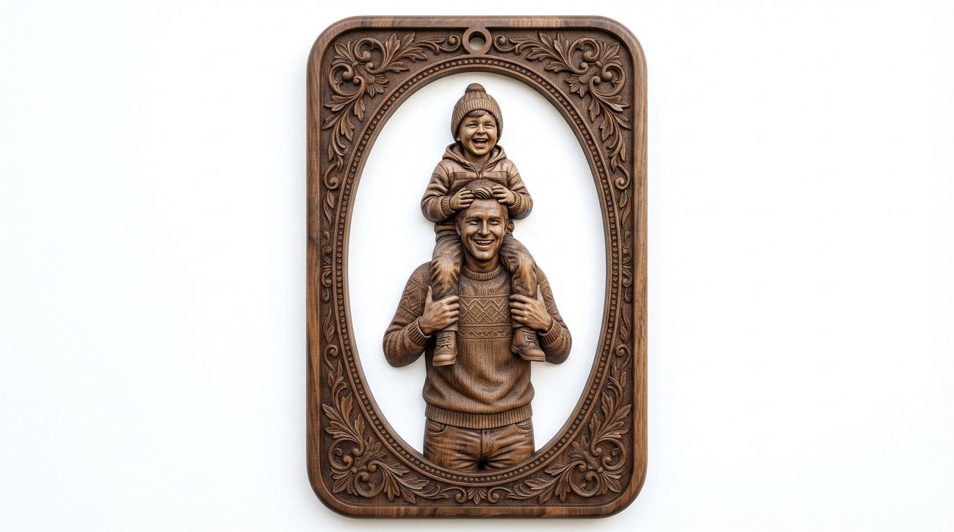 Ornate Father and Child Carved Wall Plaque